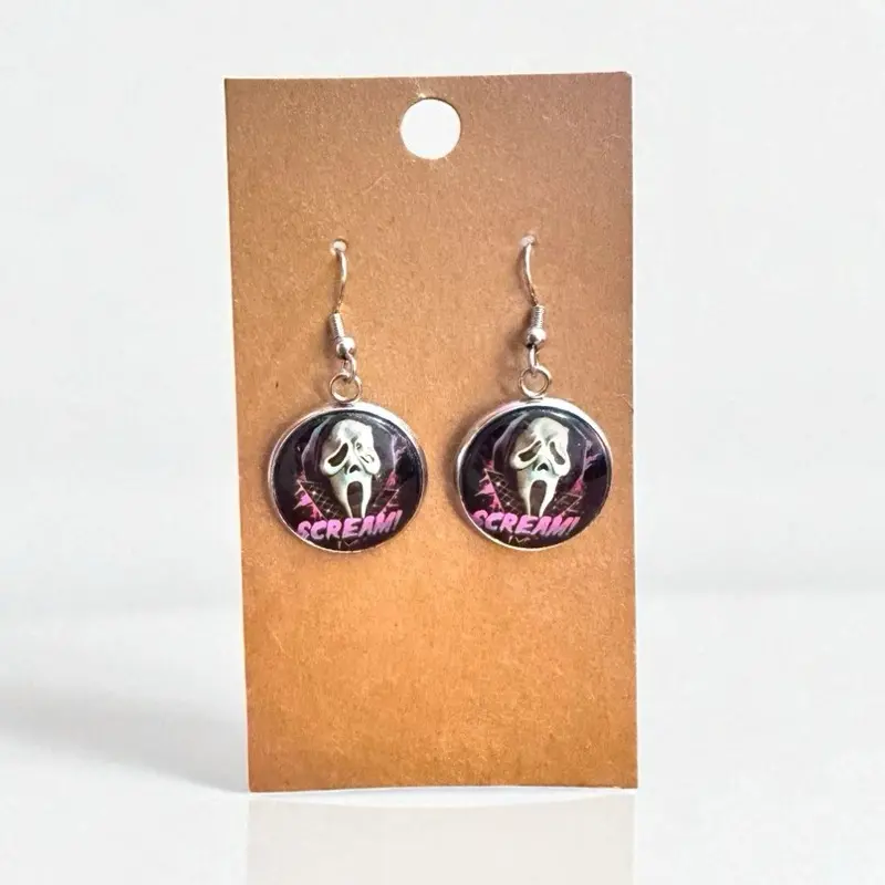 Ghostface Drop Earrings for Women - Scream Design on Black Background with Pink Accents