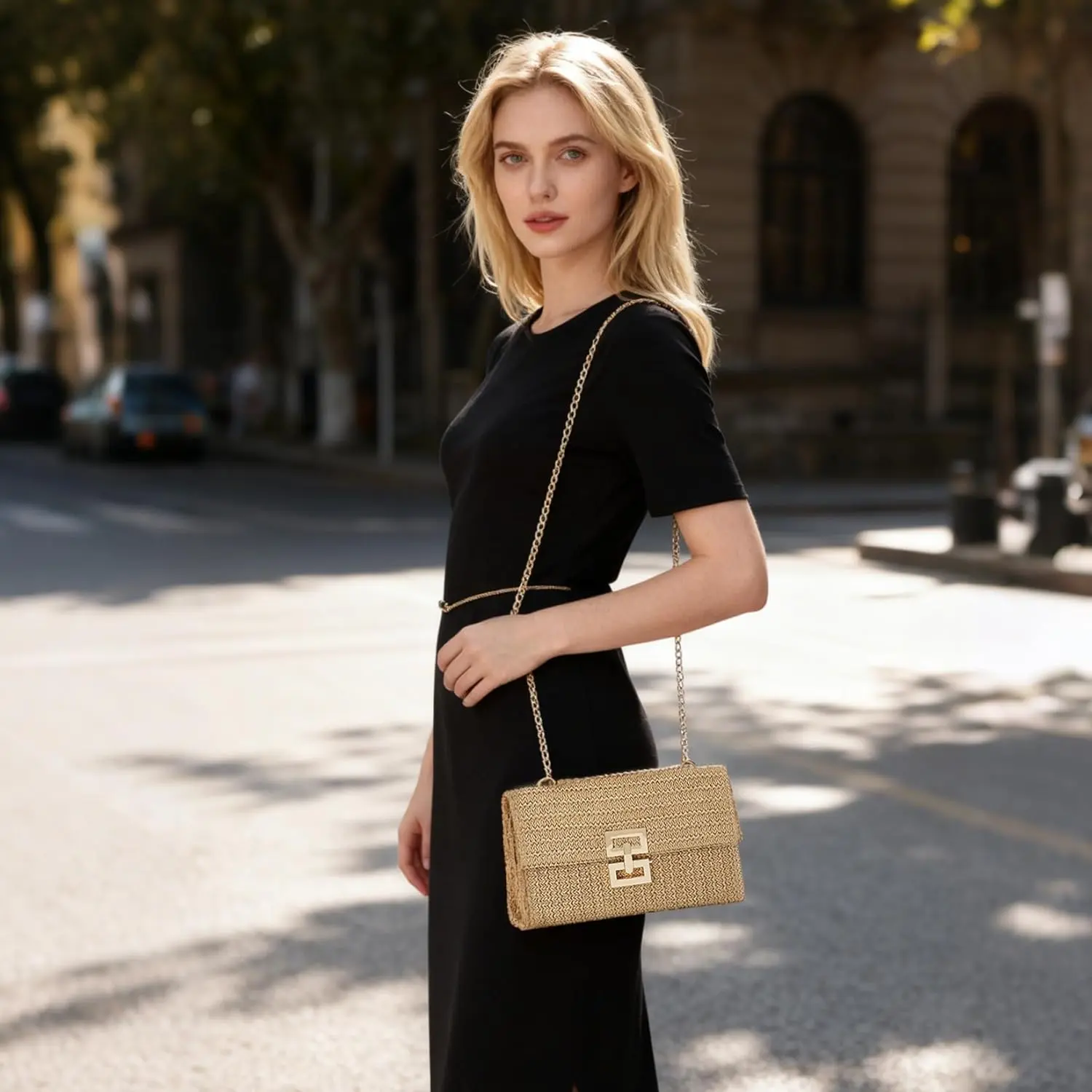 Women's 2-Pack Woven Straw Clutch, Convertible Handbag Crossbody Bag with Detachable Chain for Summer Parties & Weddings, Clasp