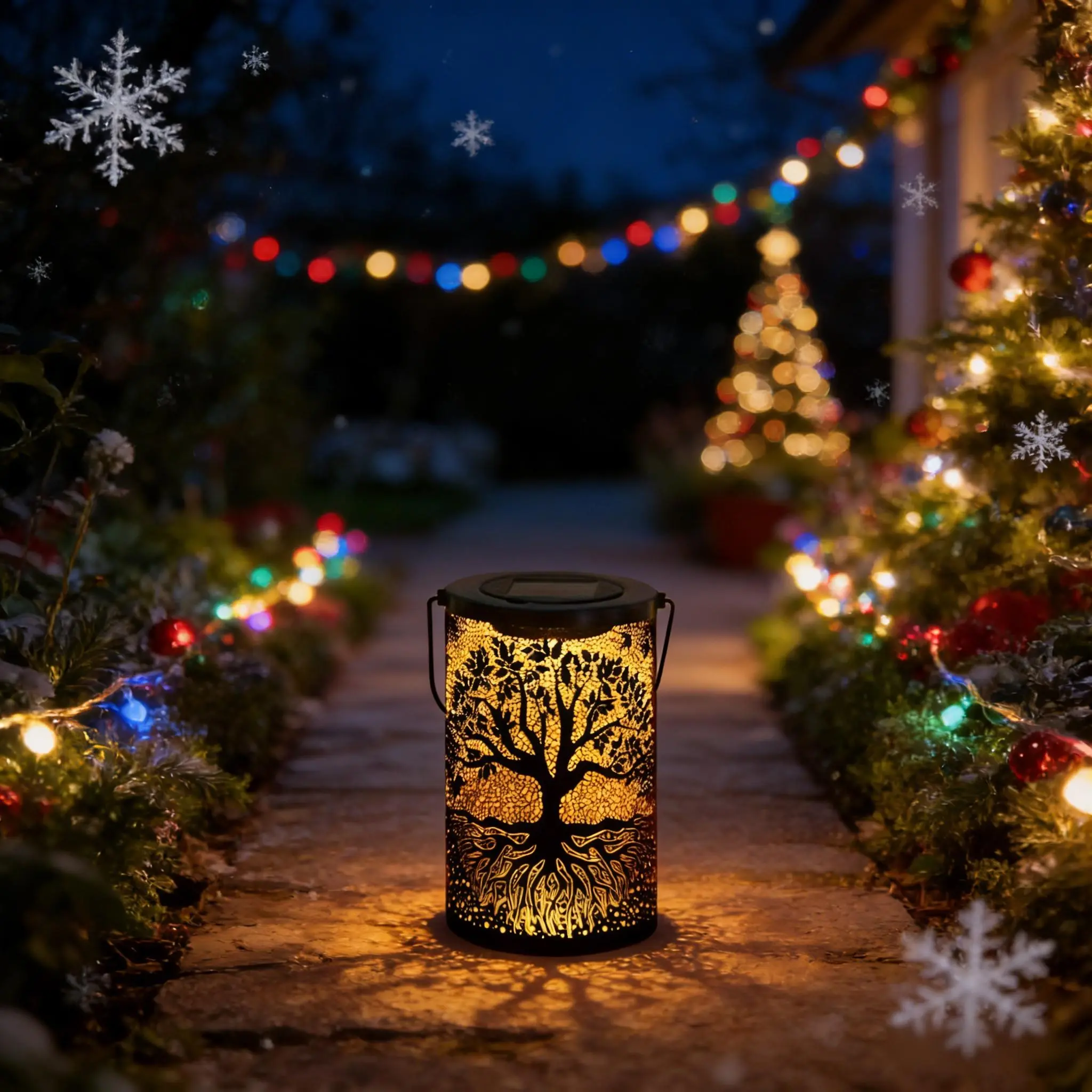 Solar-Powered Iron Tree Projection Lantern - Water Resistant, Built-In Cells, Auto Shut-Off, Dawn/Night Switch, Rustic Look, Outdoor Garden Patio Decor, Christmas Gift Option