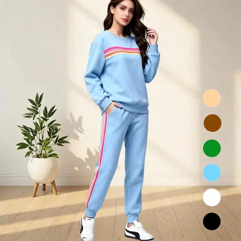 Women's 2-Piece Loose Crew Neck Retro Rainbow Striped Long Sleeve Sweatshirt & Sweatpants Set, Non-Stuffy Normal Type Casual Loungewear Clothes for Women