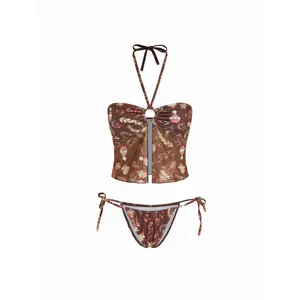 Cider Halter Neckline Floral Ring Linked Bikini Set