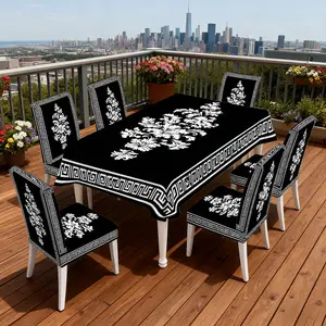 4/5/6/7pcs Floral Crest with Border Chair Cover And Tablecloth Set, Easy Maintenance & Setup, Great for Indoor Dining, Dining Chair Slipcover, Festive Decor, Picnics, Living Room, Gifting & All Seasons, Dining Chair Covers