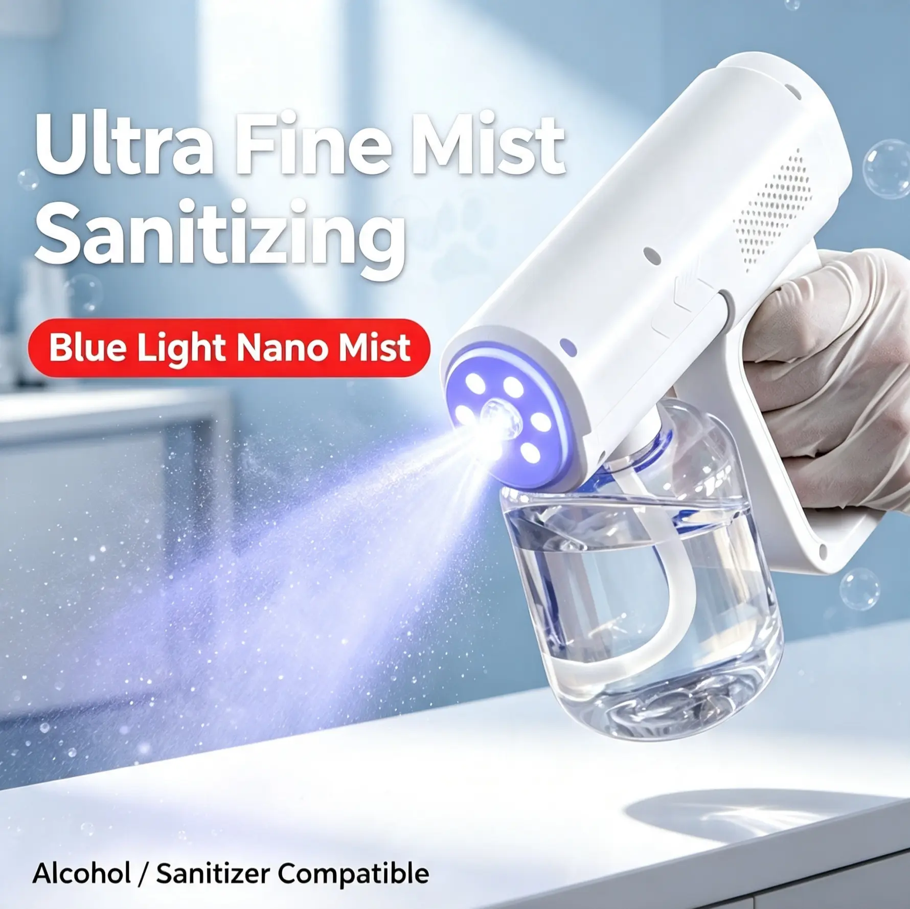 Rechargeable Pet Nano Mist Sanitizer Spray Gun - Blue Light Disinfect Fogger, Adjustable Mist Handheld Sprayer with 3 Disinfectant Liquid Bottles for Dog/Cat Kennels, Home Surfaces