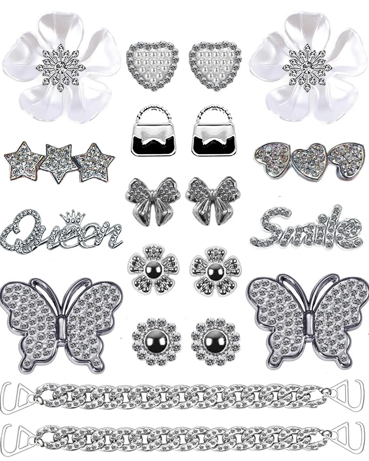 Bling Shoe Charms Designer Bling Chain Shoes Accessories for Women Girls Jewelry Cute Shoe Decoration Charms Butterfly Flower for Birthday Gifts Party Favors 18PCS Silver with Diamond-Set Chains