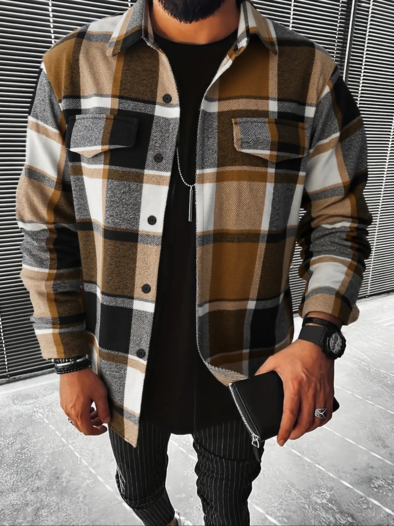 Men's Plaid Checked Button Front Shirt Jacket, Coastal Overshirt, Casual Button Up Fashion Classic Long Sleeve Outerwear, Casual Stylish Clothing, Perfect for Fall & Winter