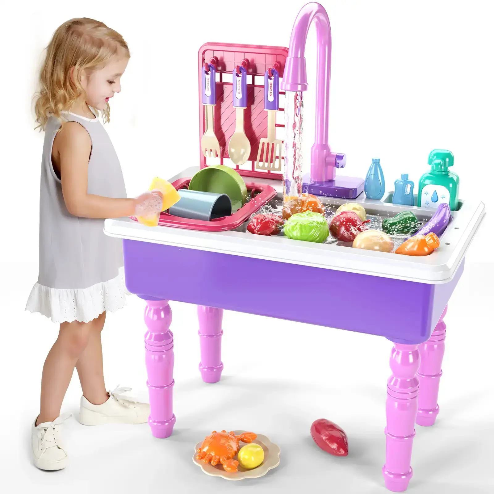 【Boninii】Kids Play Kitchen Sink Toy with Running Water – Pretend Play Sink with Cooking Accessories & Play Food, Best Birthday Gift for Toddlers, Play Kitchen Accessories, Cleaning Playset tiktokshopspringglowup,summervibes outdoorfun