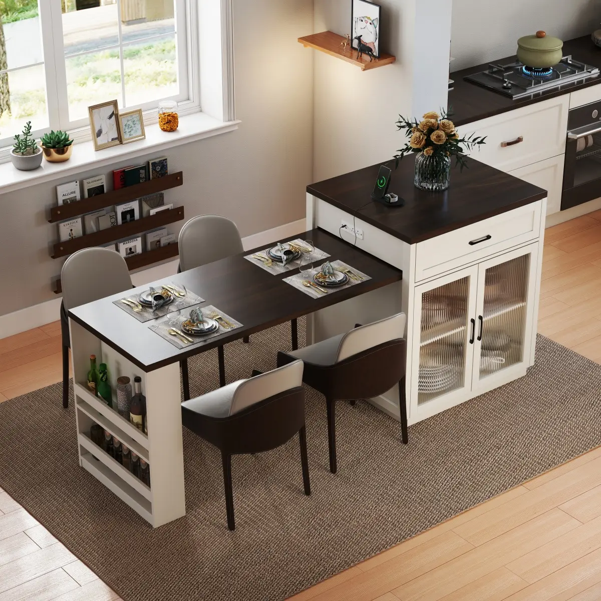 Cream White Sturdy Walnut Wood Kitchen Island - D55.9''-83.1''*W27.6''*H36.6''" Extendable, 3-in-1 Power Hub (1 Type-C Port, 2 AC Outlets), Adjustable Slide-Out Table, Storage Racks, Tempered Glass Doors, Lockable Wheels, 160lbs Capacity (Fits 2-6 People)