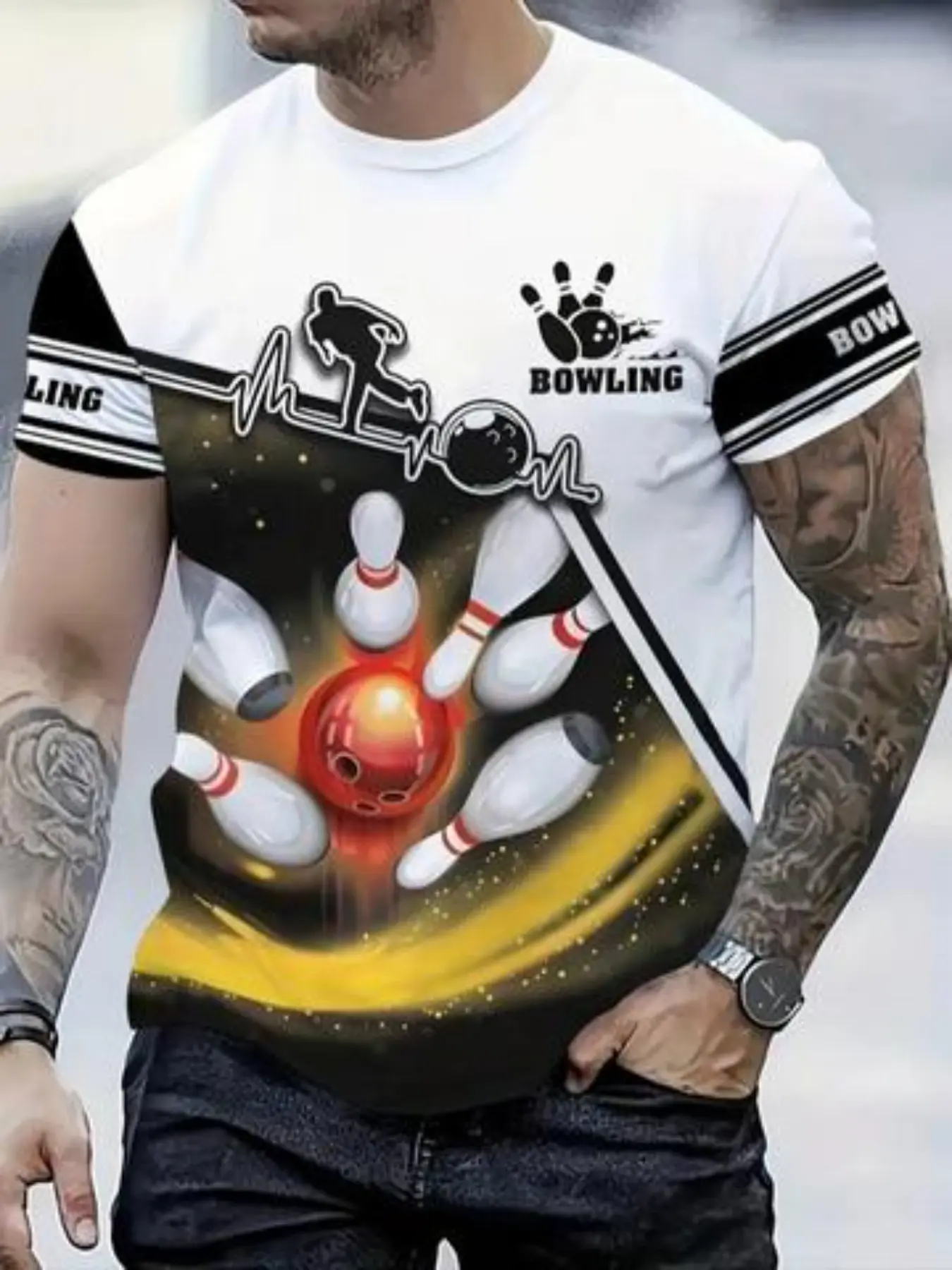Men's Bowling Pattern T-Shirt, 3D Printed Short Sleeve Round Neck Casual Sportswear, Casual Sporty Top, Perfect Gift for Men, Bowling Accessories