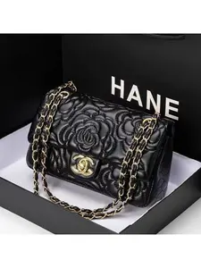 Women's new trendy fashion bag with genuine leather texture, small Chanel-style camellia embroidery, single-shoulder crossbody chain bag