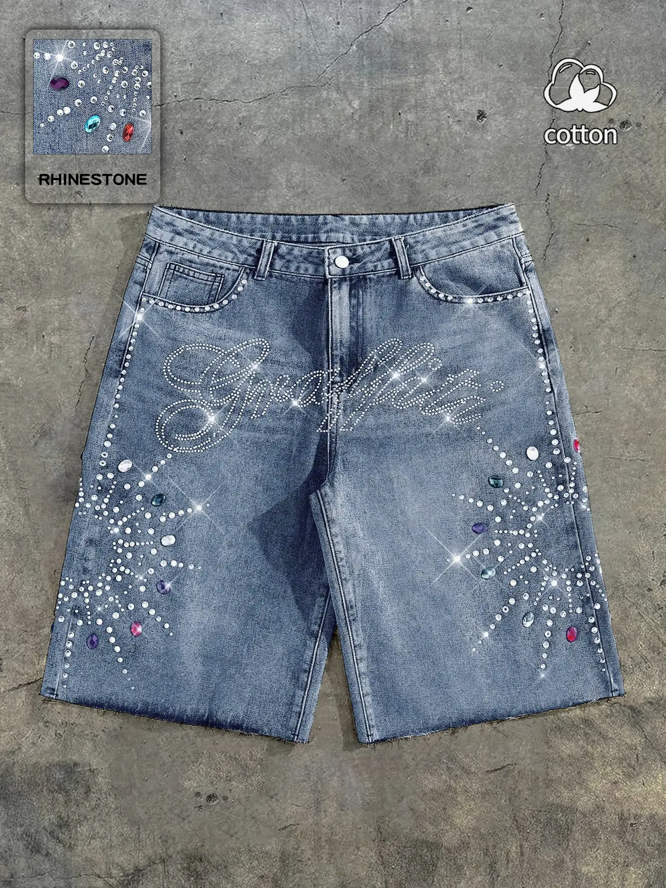 Men’s Summer Rhinestone Denim Bermuda Shorts Rhinestone  Jeans Low Rise Raw Hem Denim Shorts casual fashion jean Blue Galaxy Streetwear
