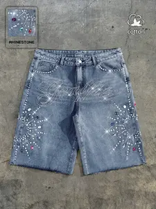 Men’s Summer Rhinestone Denim Bermuda Shorts Rhinestone  Jeans Low Rise Raw Hem Denim Shorts casual fashion jean Blue Galaxy