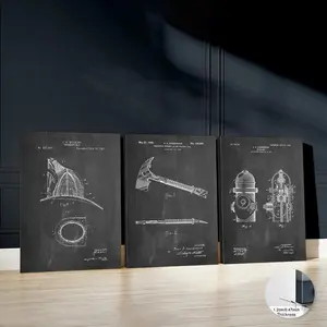 Fire Hydrant Design Canvas Painting with Frame, 3 Counts/set Firefighter Hat Design Wall Art, Wall Decor for Home Living Room Bedroom Office, Artwork Poster