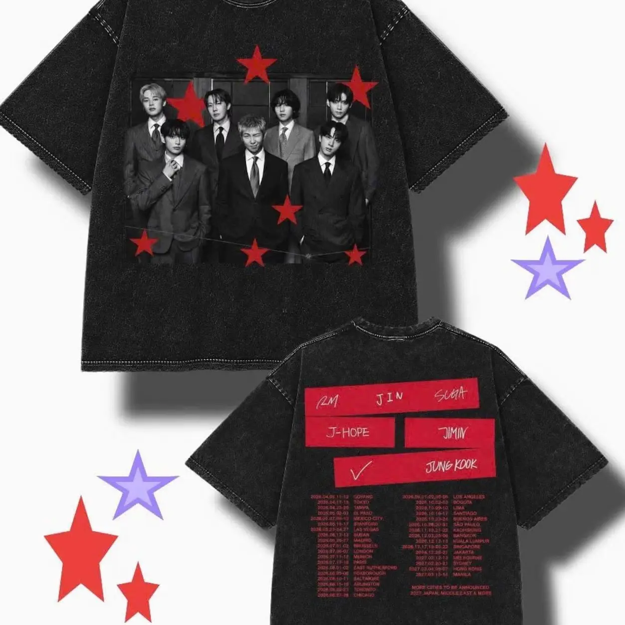 Kpop Vintage Bootleg T-shirt Wash Tee Unisex, Bang Tan Arirang World Tour Concert Outfit, Bangtan Hooligan Jungkook Mineral Wash Shirt 0TX