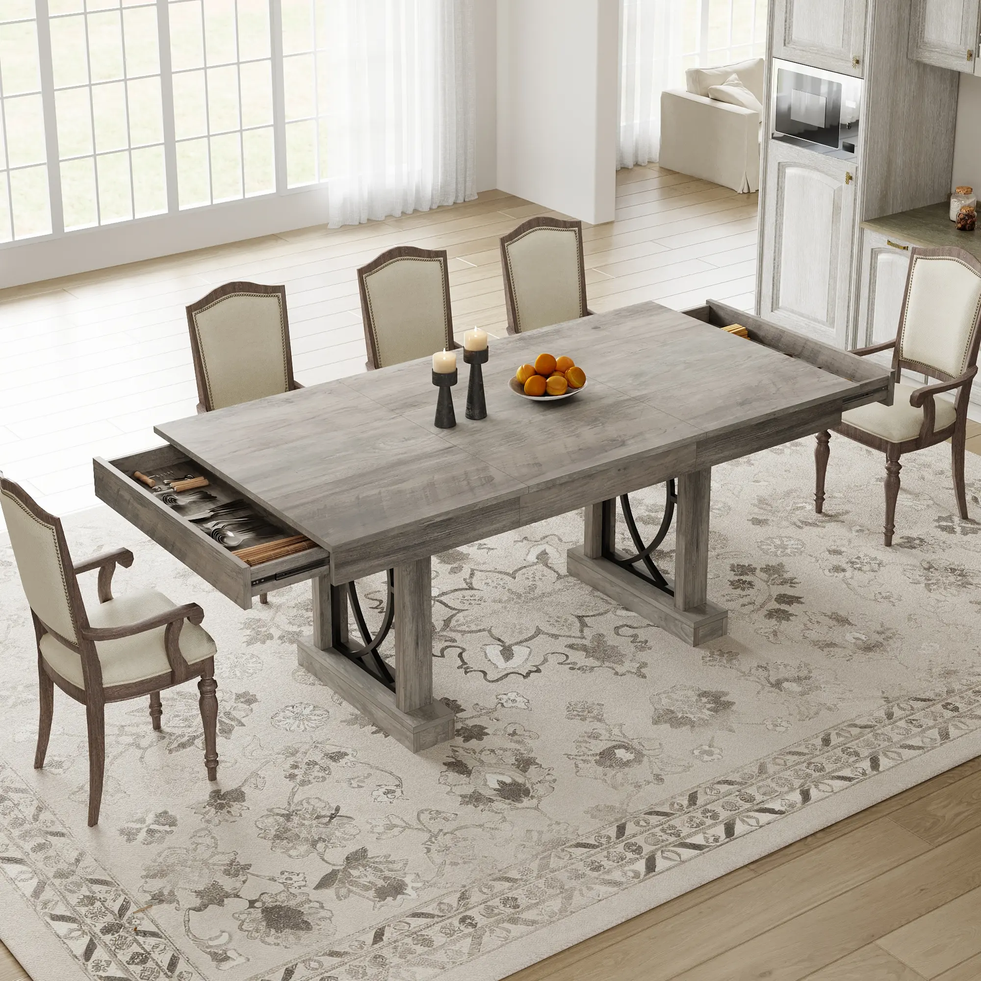 Wooden Dining Table for 6‑8 People with 2 Large Drawers – 71″ Long Farmhouse Rectangular Kitchen Dining Table with Thick Table Top & Sturdy Frame – for Big Family, Dinette