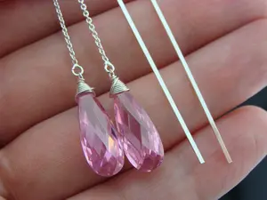 Long Pink Cubic Zirconia CZ Drop 925 Sterling Silver Ear Threader Earrings · Delicate Minimalist Dangle Jewelry · Gift for Her