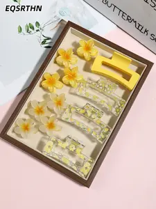 12psc summer fresh spring yellow flower non-slip hair accessories set, high clip teeth firmly grasp the long hair/thick hair hair half hair does not loosen, spring and summer travel/dating/daily commuting, send girls vitality gift, simple and lovely advan