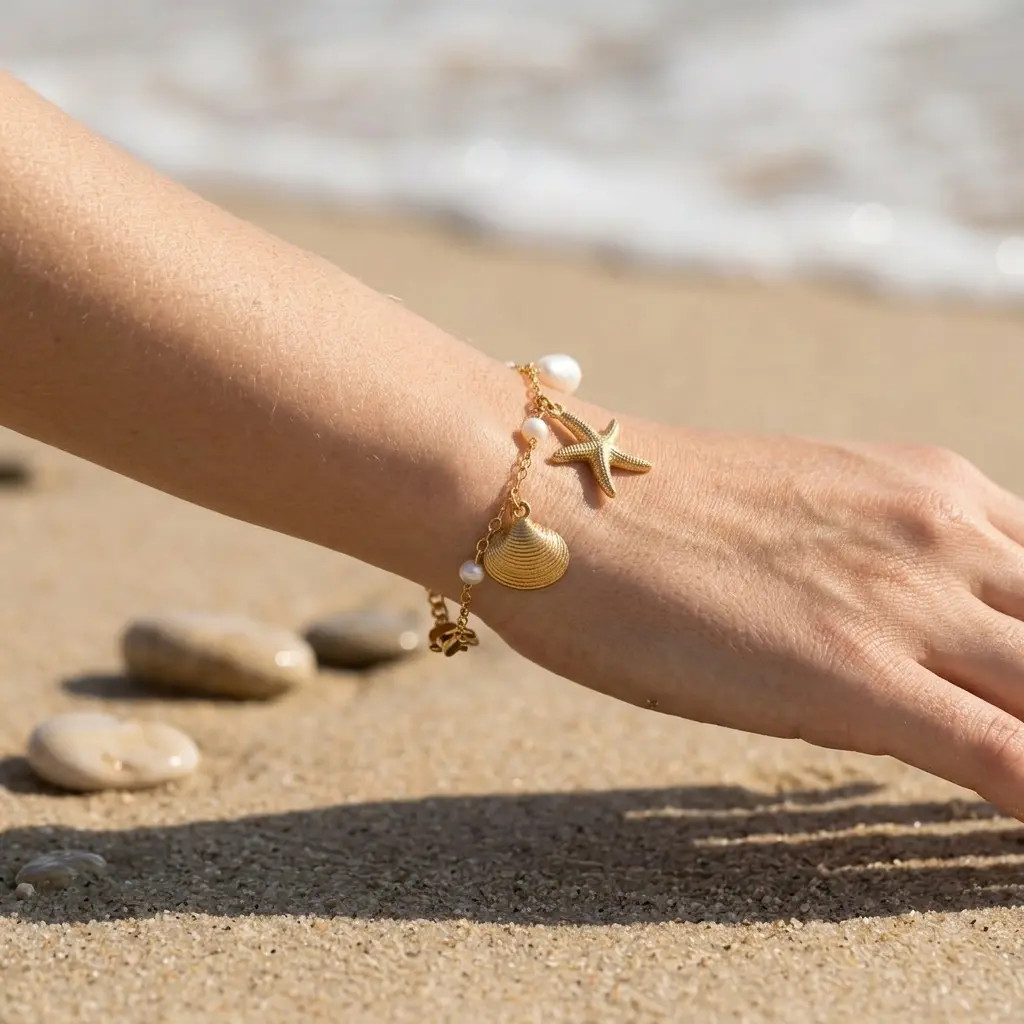 Summer Beach Ocean Themed Bracelet Gold Plated Starfish Shell Charm Pearl Chain Stainless Steel Adjustable Vacation Jewelry For Women