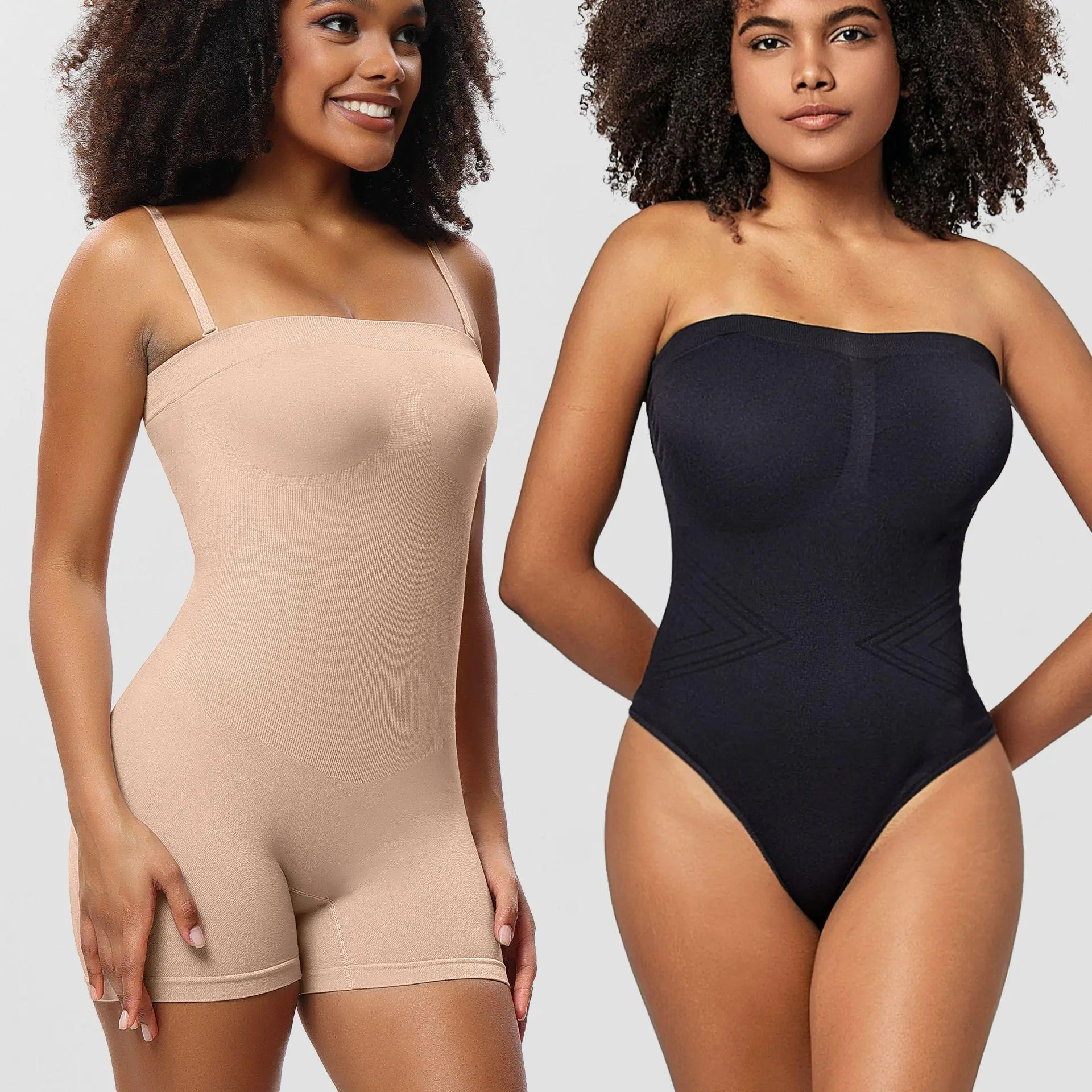 Strapless Bandeau Shapewear Bodysuit for Women, Tummy Control Seamless Body Shaper, Butt Lifting Boyshort & Thong Sculpting Bodysuit for Formal Dresses