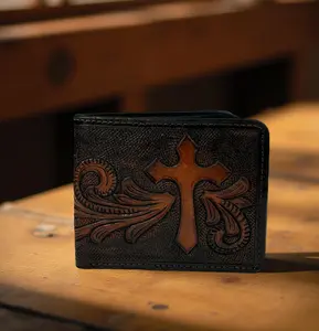Western Genuine Leather Tooled Cross Men's Wallet Organizer, Full Grain Bifold Tooled Wallet, Rodeo Wallet For Cowboy Card Case