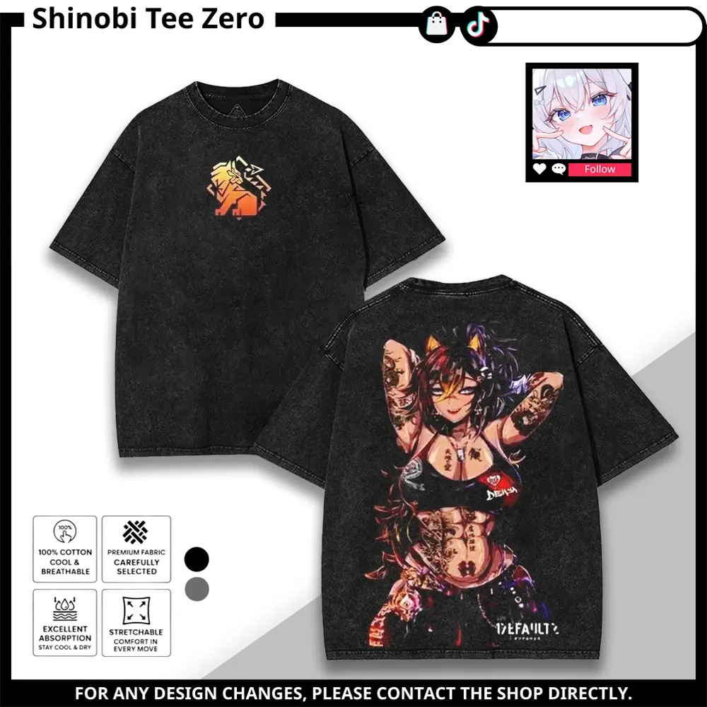 Dehya Genshin Impact Washed T-Shirt – Limited Retro Double Printed Vintage Oversized Anime Graphic Pullover & Tee, Heavyweight Cotton Streetwear Crewneck, Unisex Manga Gift for Fans