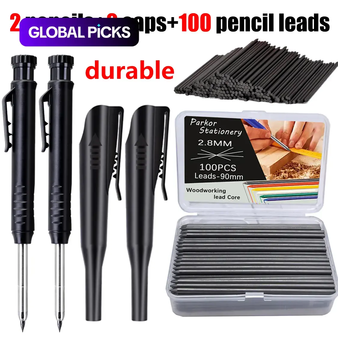 Plastic Clip 2.8mm Woodworking Pencil Set, Mechanical Drawing Pencils, Art Drafting Pencils, 2 Pens & 2 Pencil Caps, 100 Leads, 2B Break-Resistant Lead, Office Stationery Supplies, Engineering Drawings #GLOBAL PICKS