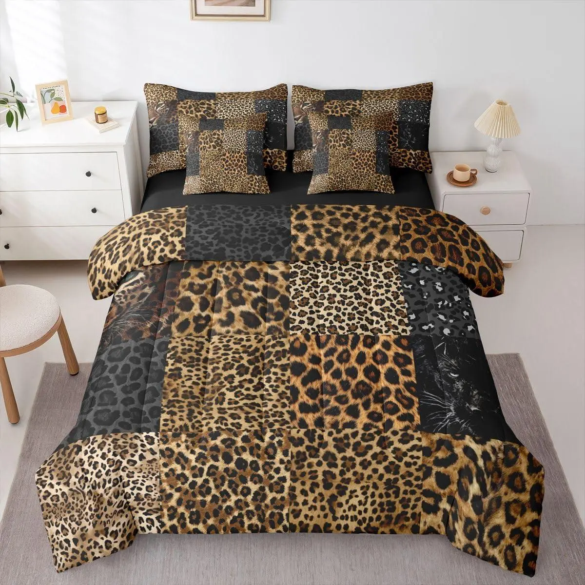 Leopard Print Bedding Set Brown Black Cheetah Comforter Set 7 Piece Vintage Animal Cheetah Printed Bed in A Bag Women Adults Modern Luxury Geometric Quilt with Flat Fitted Sheet