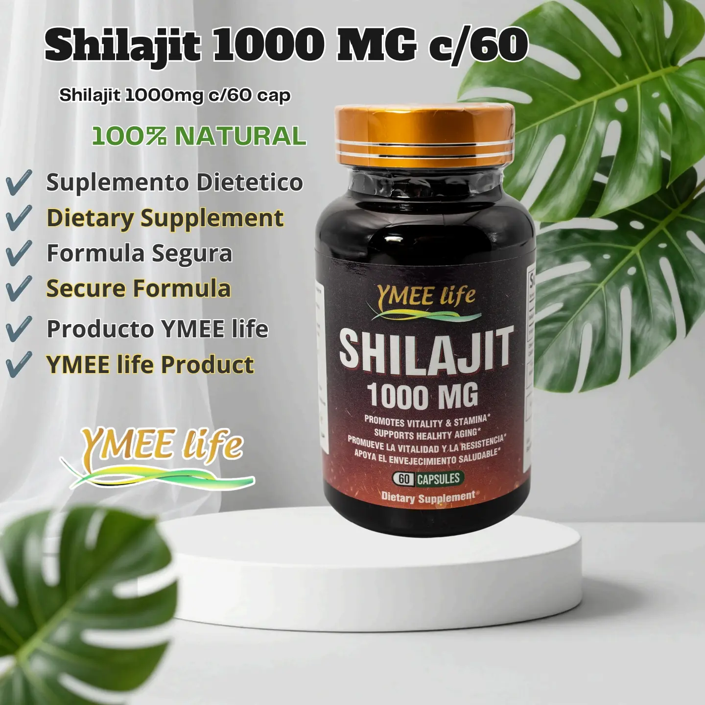 YMEE Life Organic Shilajit Mineral Dietary Supplement - 1000mg, 60 Edible Capsules, Fumaric Acid-Infused, Fulvates Source, Immune Support, Brain Health & Energy Boost, All Natural, Prop 65 Safe