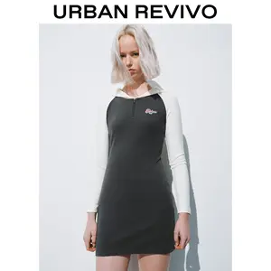 URBAN REVIVO Women's Fitted Hooded Dress - Hooded Neck, Long Sleeve, Minimalist American-Style, New Patchwork Mix Lettered Sleeves, Above-Knee Cut, Casual Wear, UWL740003, Long Sleeve Dresses, Comfortable