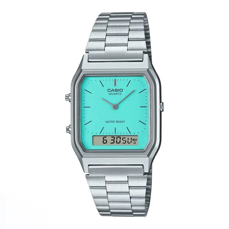Casio Vintage Men's Watch AQ-230A-2A2MQY with Teal Green Dial and Digital Display Water Resistant Stainless Steel Band