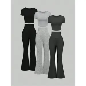 Women's Solid Top & High Waist Flared Leg Pants Set, Casual Chic Fashion Cozy Round Neck Tee & Bell Bottom Trousers for Daily Outdoor Wear, Ladies Clothes for All Seasons