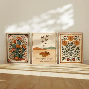Mexican Folk Floral & Immigrant Pride  Print Set | Boho Wall Art | Hispanic Heritage Decor | Latinx Home  Art (Set of 3)