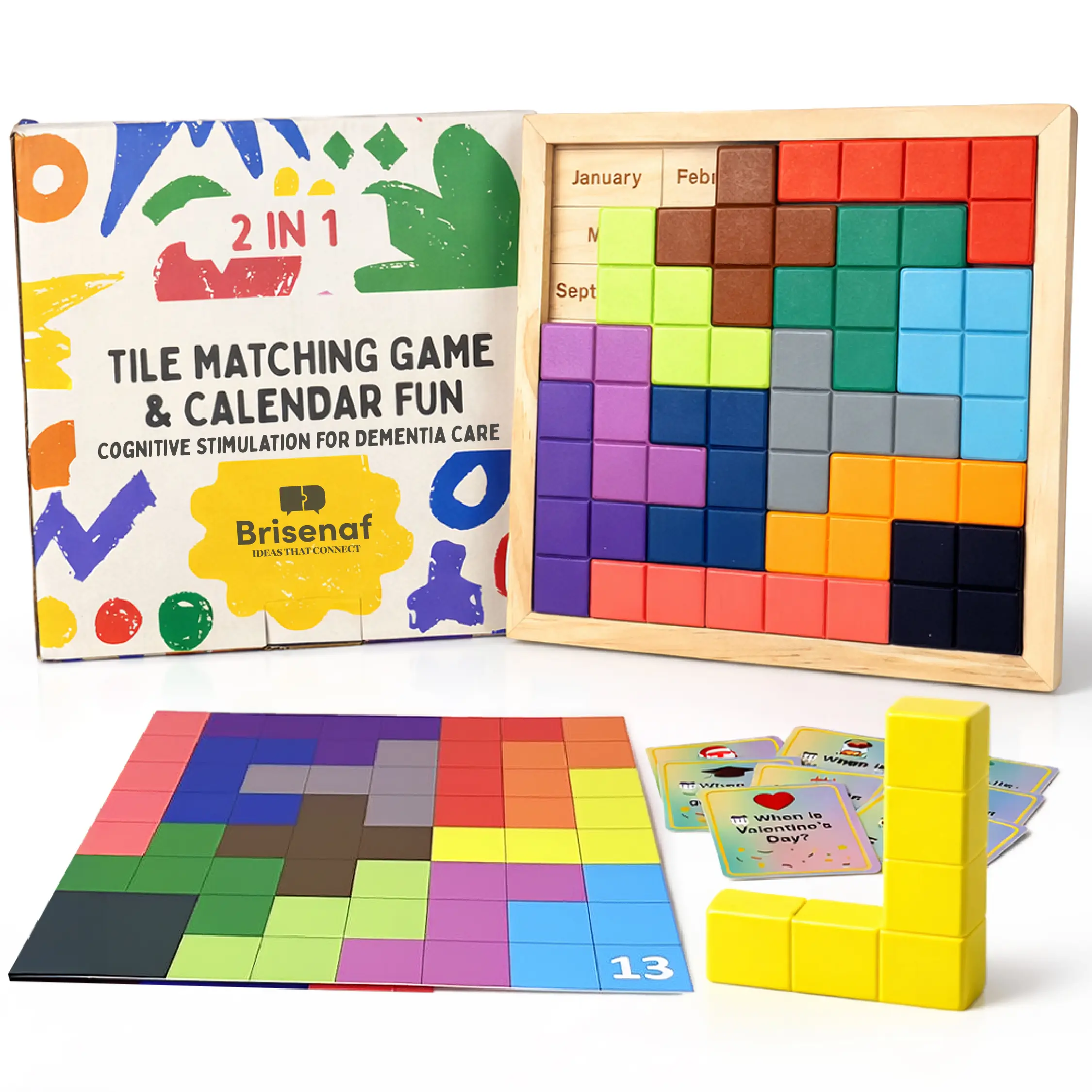 2 in 1 Cognitive Games for Elderly, Dementia Activities for Seniors: Tile Matching Puzzle & Memory Q&A, 15 Wooden Blocks, 26 Templates, Alzheimer's Activities, Games for Dementia Patients.