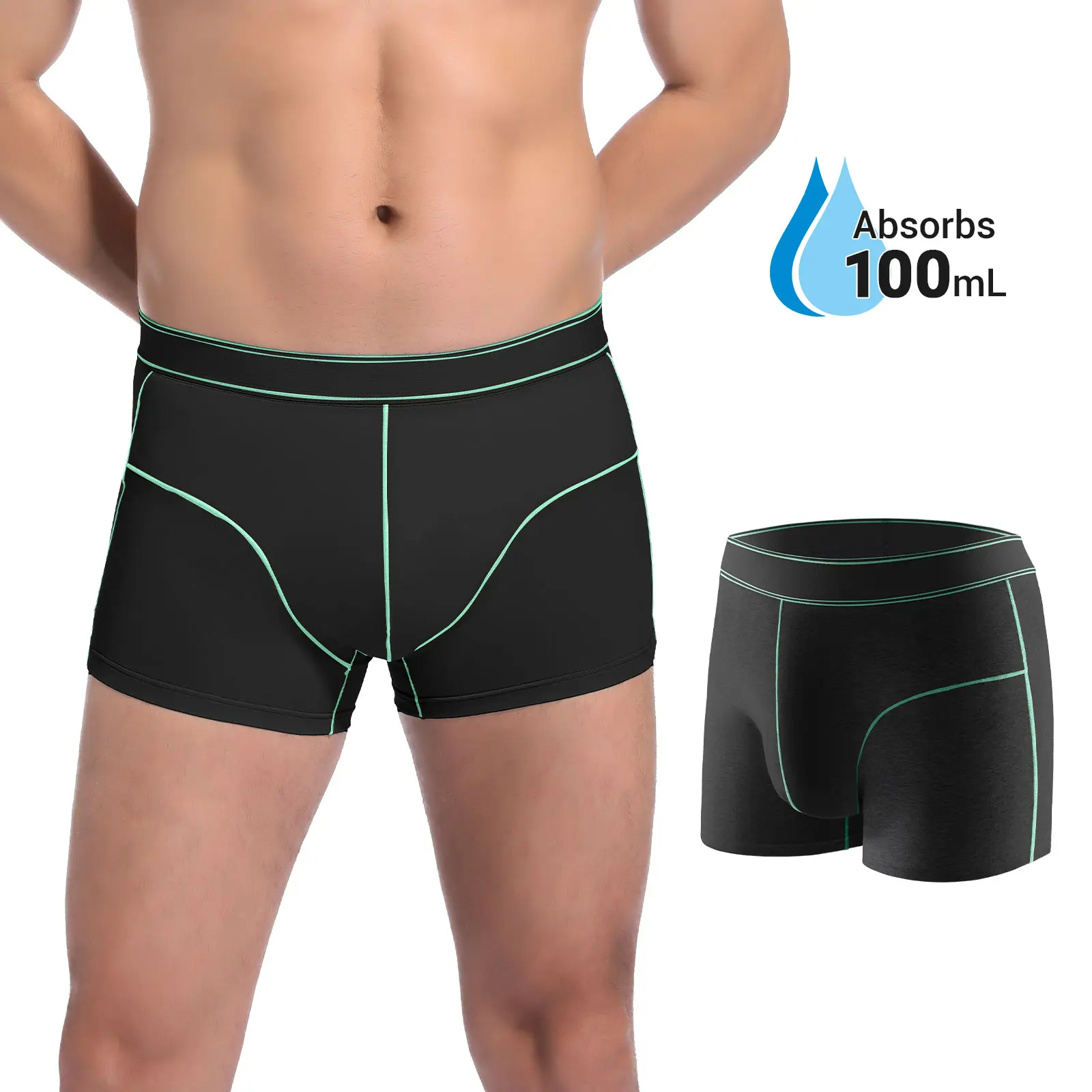 CARER Men's High-Waist Sporty Incontinence Herringbone Cotton Fabric Boxer Briefs, 100ml Leak Protection, Waterproof, Anti-Odour, Breathable, Absorbent Layer, Stays Put, Washable, Looks Regular, Great for Gym & Work, Absorbent Layer Men's Boxer Briefs, In