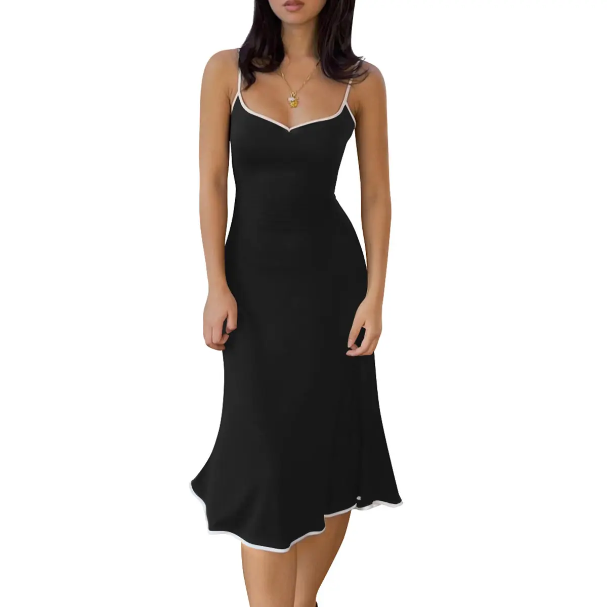 HYZ Women's Sleeveless Color Block Sweetheart Neck Spaghetti Strap Slim Fit Bodycon Flared Hem Party Dress