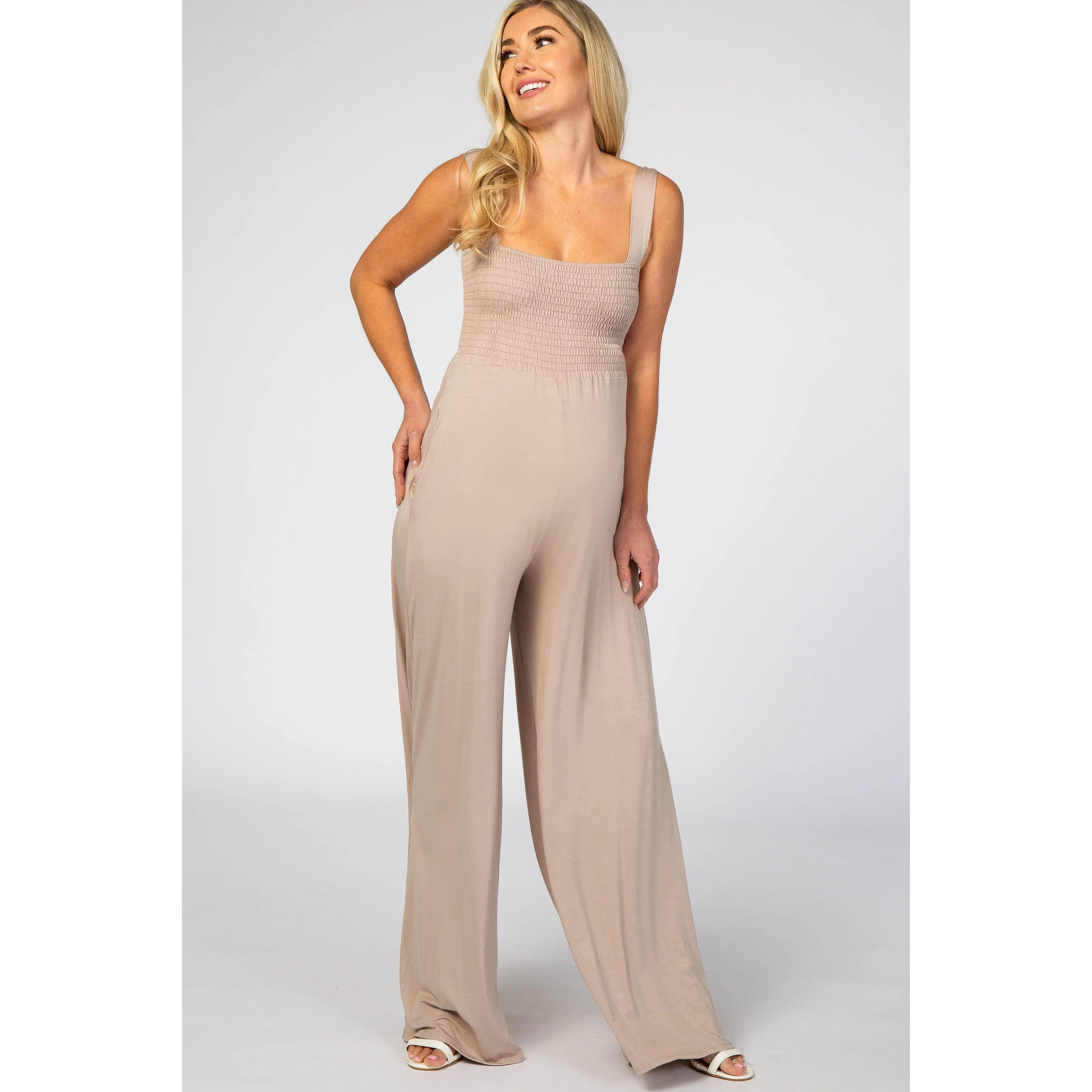 Women's Taupe Sleeveless Wide Leg Loose Fit Jumpsuit, Maternity Shoot Outfits, Pregnancy Reveal Clothing, Cute Maternity Wear, Cute Maternity Clothes