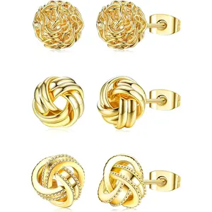 CASSIECA 3 Pairs Gold Love Knot Earrings Stack For Women Girls 14K Plated Gold Woven Ball Stud Earrings Stack Love Knot Post Earrings Stack for Sensitive Ears