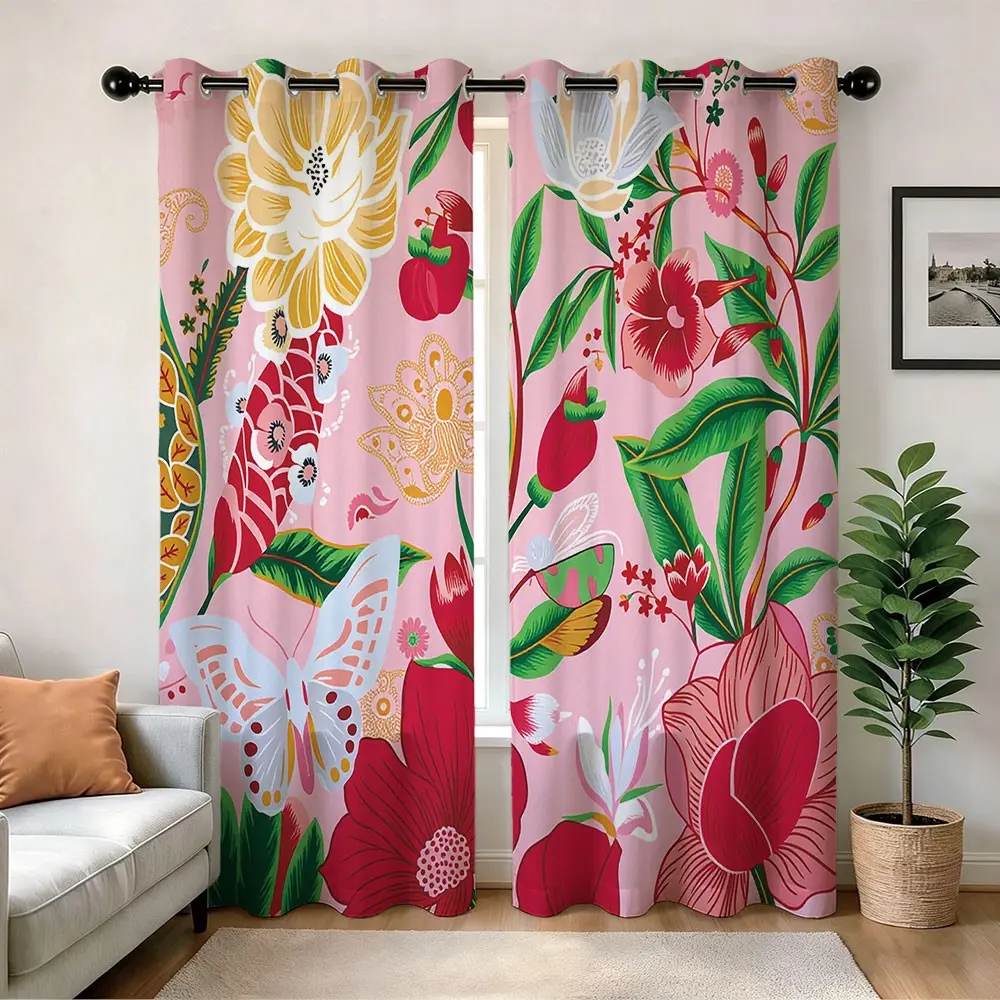 Colorful Floral Vibrant Patterns Blackout Curtains, Boho Retro Groovy Hippie Funky Flowers Room Darkening, Modern Art Bedroom Living Room Decor Privacy Grommet Curtains Polyester Curtain Window Drapes 2 Panel