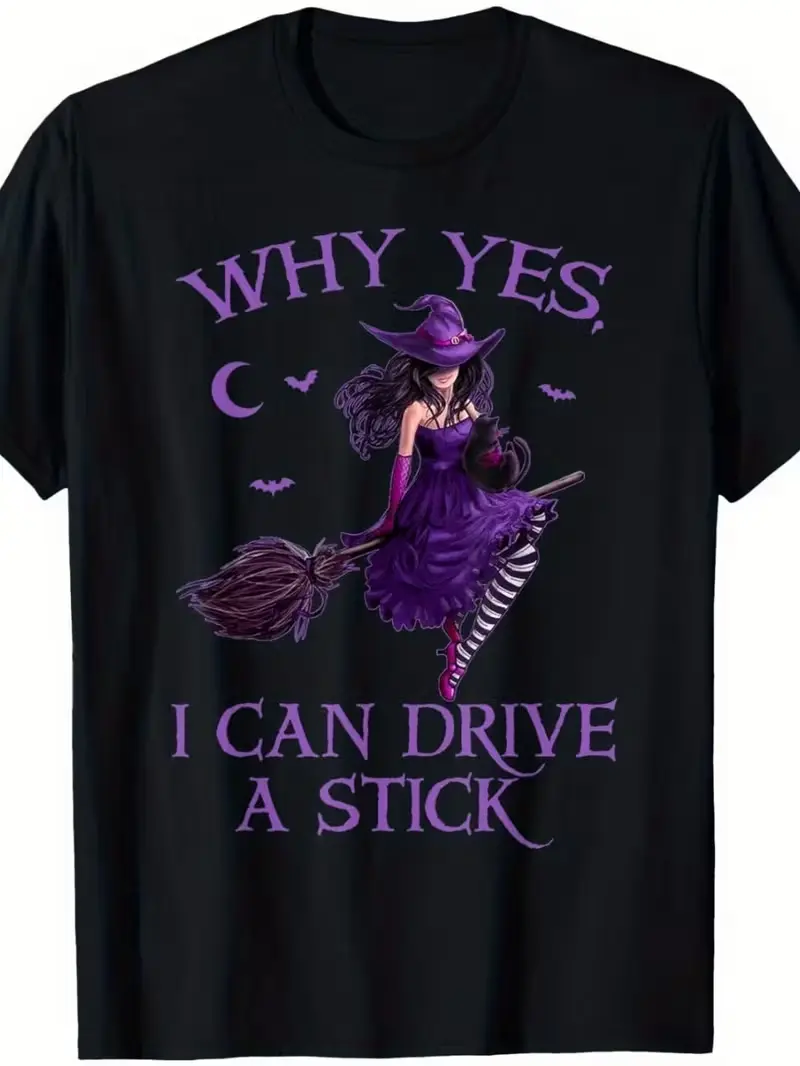Why Yes I Can Drive A Stick Witch Broom Cat Halloween Graphic Crewneck T-Shirt, Funny Retro Spooky Casual Tee meme