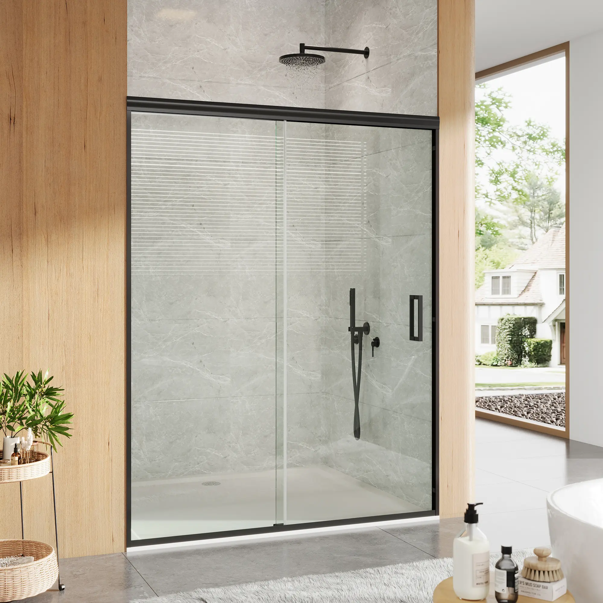 56-60x72 Inch Frameless Sliding Glass Shower Door, 6mm Shatter-Resistant Glass & Stainless Steel Hardware, Matte Black Finish