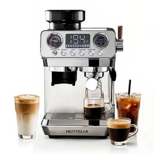 HERTELLA Espresso Machines with Burr Grinder, 20 Bar Visual Pressure Gauge, Milk Frother Steam Wand, Stainless Steel, 4 Temperature Modes (Hot and Cold Brew)，Automatic Pressure Release Function