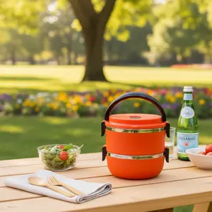 2-Tier Orange Portable Lunchbox - Large-Capacity Food Containers, On-the-Go Meals, Tableware Storage Portable Insulated Lunch Cooler for Camping, Picnic, School and Office