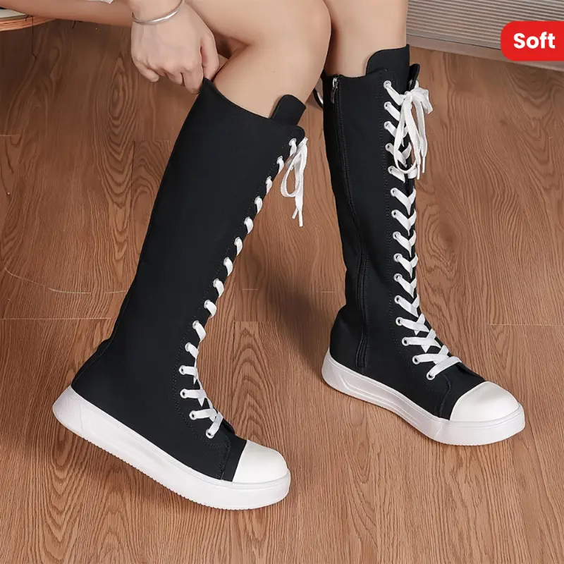 Chic Knee-High Womens Boots - Sleek Solid Color, Comfortable Soft Sole, Side Zipper & Lace-Up Design, Casual to Dressy Versatility Walking Shoes Girl