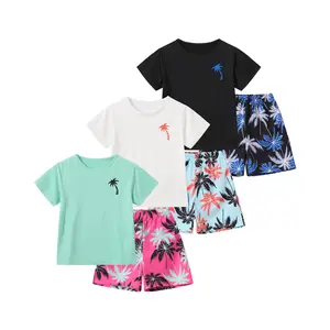 #SummerVibes Boys' 3-Piece Summer Outfit Set - Coconut Tree Print Short-Sleeve T-Shirts and Beach Shorts, Breathable and Comfortable Casual Wear for Kids