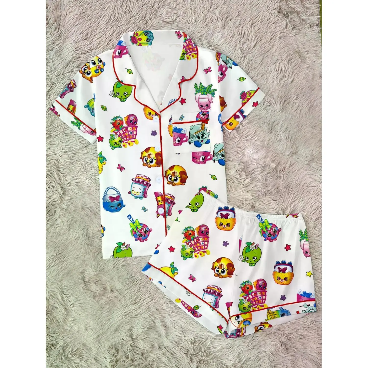 Women's Cartoon Print Pajama Set - Comfortable Sleepwear & Loungewear, Short Sleeve Button-Up Top with Elastic Shorts, Casual Home Style