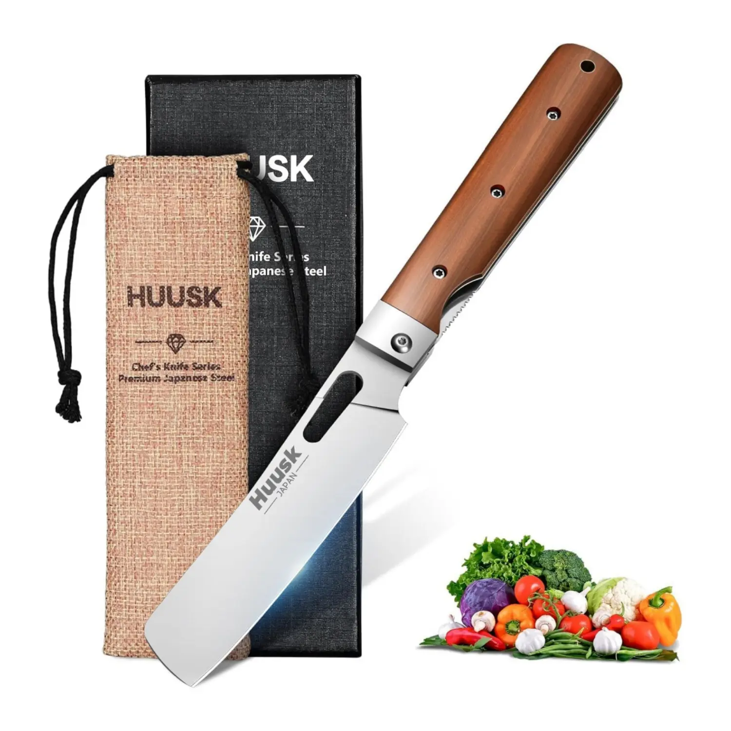 Huusk-Style Handmade Cocobolo Wood Compact Fold Kitchen Knife - Travel Kitchenware, Fruit Knife for Meat Prep & Outdoor Cooking, Ideal Gift for Outdoor Enthusiasts