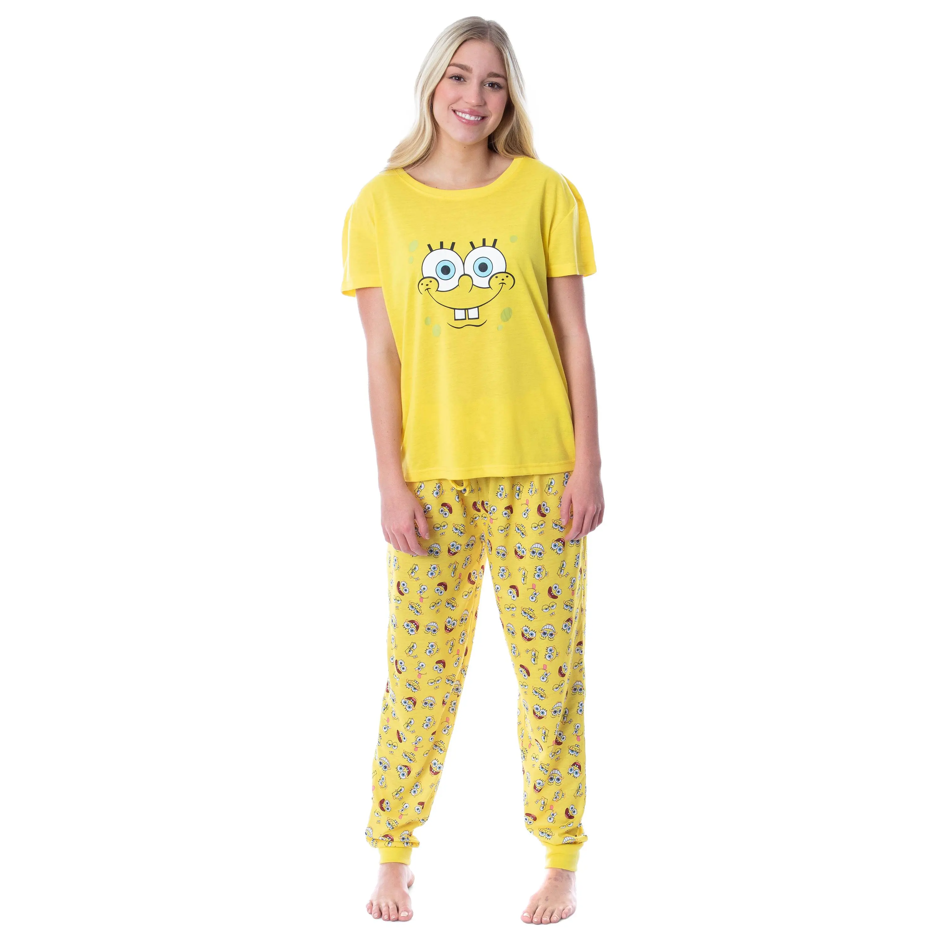 PJammy Women's SpongeBob SquarePants 2-Piece Pajama Set, Polyester Jogger Nightwear with Graphic Shirt and Allover Print Bottoms, Apparel, Everyday, Cuffed, Loungewear, Shortsleeve, Fabric, Soft, Ribbed, Drawstring, Elastic