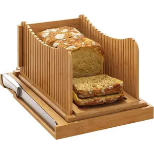 Large Bamboo Bread Slicer with Serrated Knife, Adjustable Bread Slicer Guide, Foldable Compact Chopping Cutting Board, Crumb Tray Included