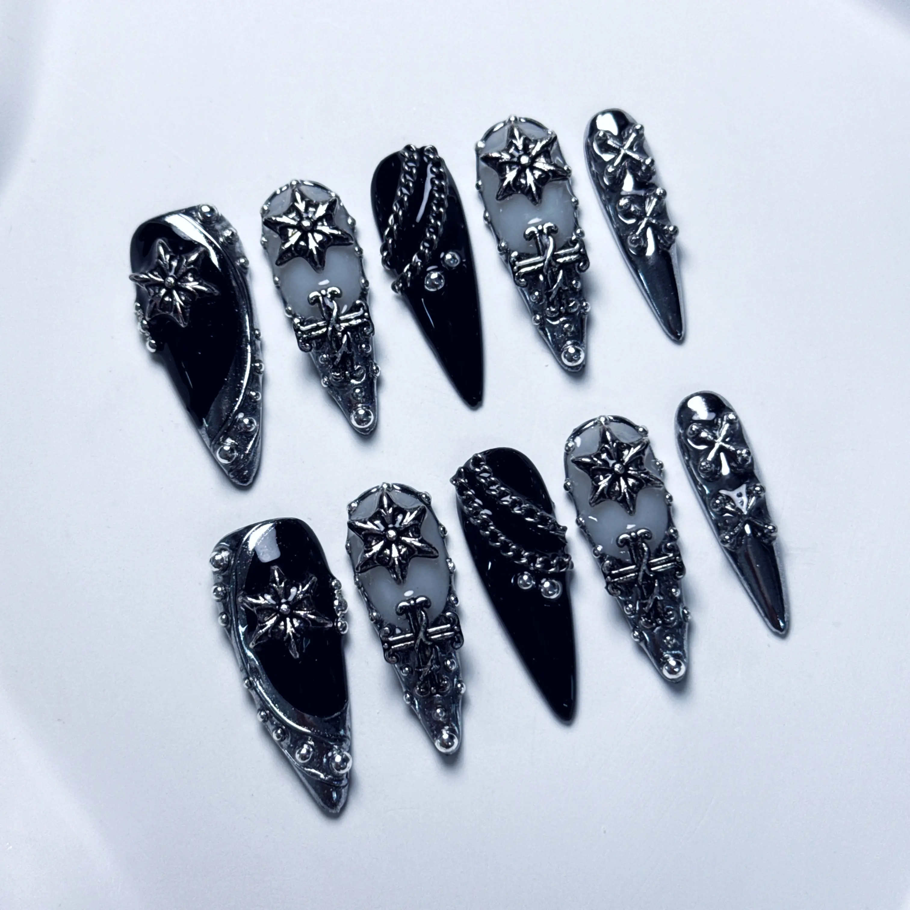 Handmade Metallic Gothic Chrome Press-On Nails - Black-Silver Cross Decorated, Y2K Punk Alternative Fashion Easy Nail Art
