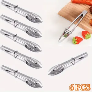 6Pcs 7-Inch Mini Stainless Steel Food Tongs with Silding Rings, Small Clam Shell Service Tongs for Serving Appetizers, Desserts, Salads, Barbecue and Cooking (Silver)