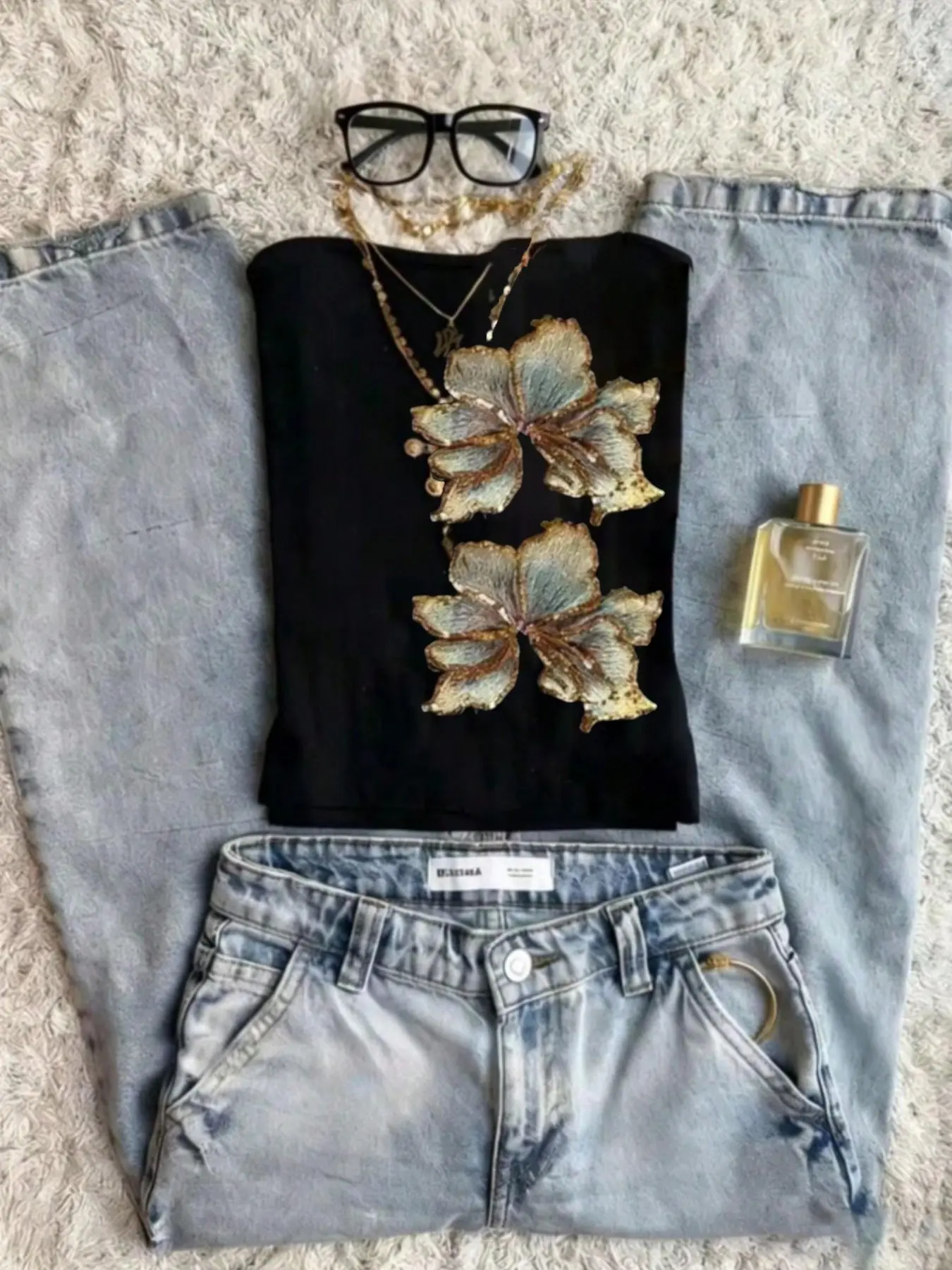 Gradient Floral Sequin Embroidery Black One Shoulder Top, Short Waist Showcasing Design, Y2K Style Loose Fit, Summer Wear